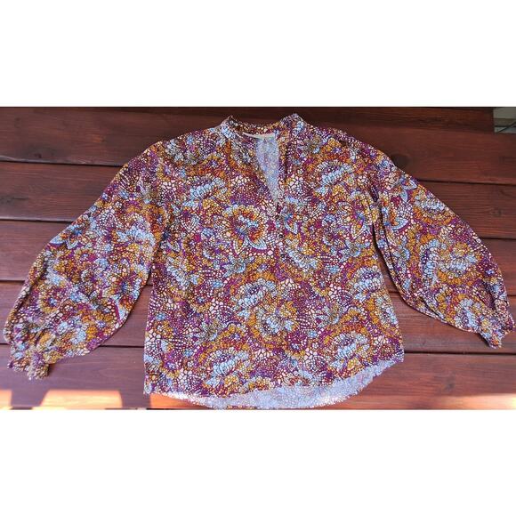Maeve by Anthropology Peasant Bohemian Blouse Balloon Sleeves Orange Floral Sz L - Picture 7 of 10